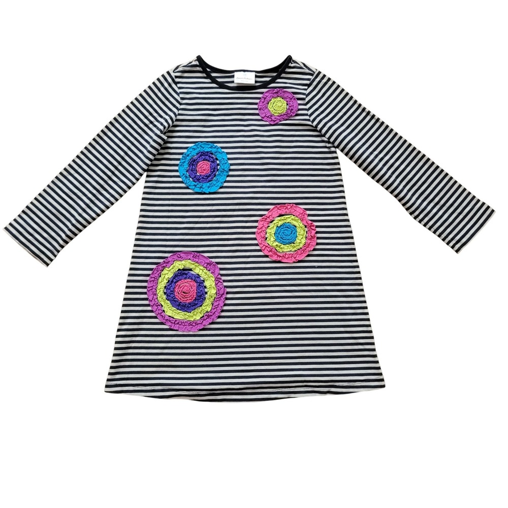 Hanna Andersson 130 Striped Long Sleeve Dress Kids Navy Floral Ruffle Applique